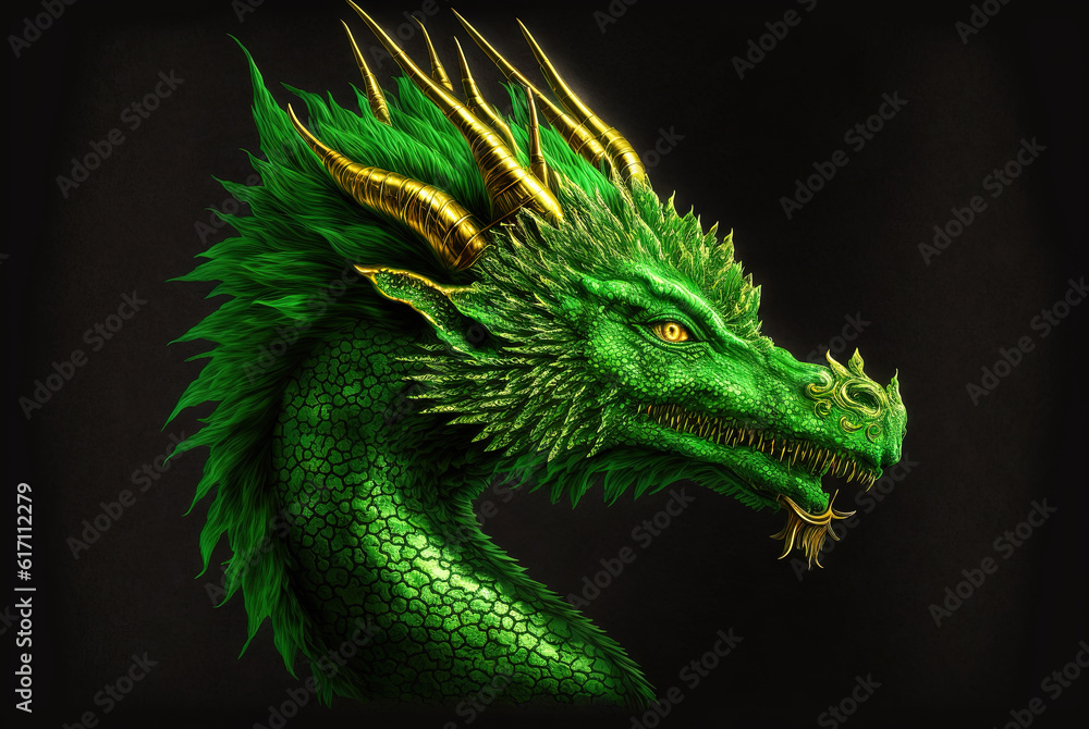 Obraz premium Green dragon portrait, mysterious monster from farytales and symbol of 2024 lunar year in Chinese calendar. Generated AI.