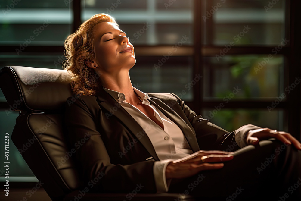 © ADDICTIVE STOCK - Generative AI image of young female relaxing in armchair at workplace and smiling while closed eyes on blurred background at night