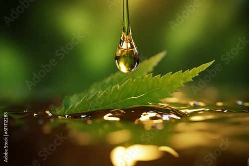 Cannabis oil drop fall on cannabis leaf for treatment broth, tincture, extract. Generative ai illustration of healthy, natural, organic oil.