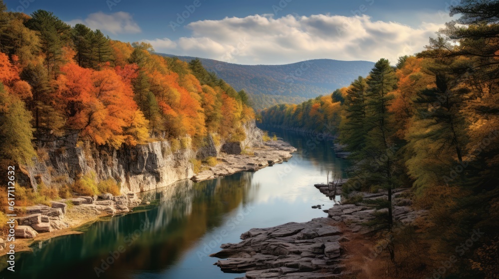 Ozarks Waterway in the Fall created with Generative AI Technology, ai, generative