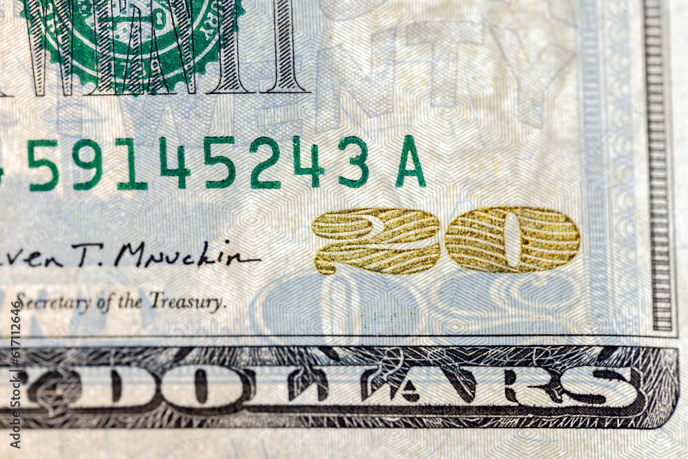 close-up of a group of twenty American dollars