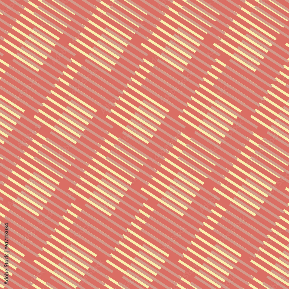 Seamless geometric pattern with vertical wide stripes in the form of a lattice in beige and yellow on a red background.