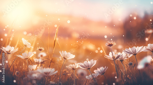 a field of white flowers with a blury background