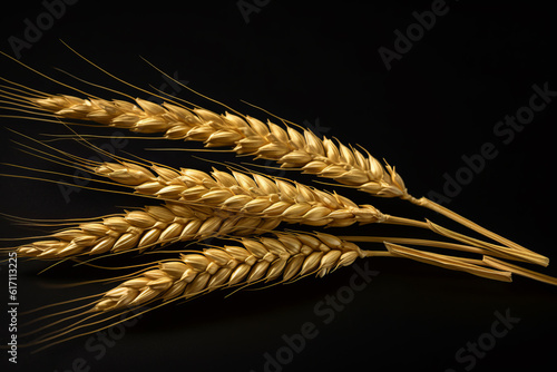 Watercolor Wheat ears on black background. Generative ai illustration of gold wheat ear