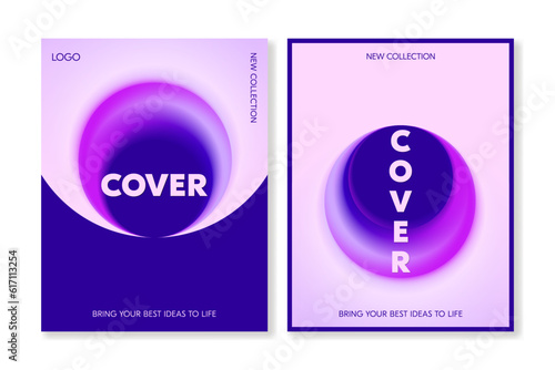  Set of universal cover templates with abstract gradient shapes in pink and purple colors. For covers, posters, banners, flyers, presentations and other projects. Vector, for web and printing.