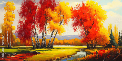 Autumn panorama Original oil painting on canvas sunny
