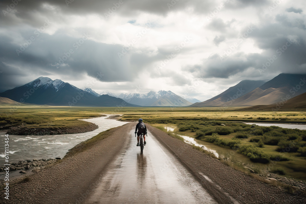 Generative AI illustration unrecognizable tourist in casual clothes riding bicycle on wet road near mountains and lakes Generative AI illustration unrecognizable tourist in casual clothes riding bicycle on wet road near mountains and lakes