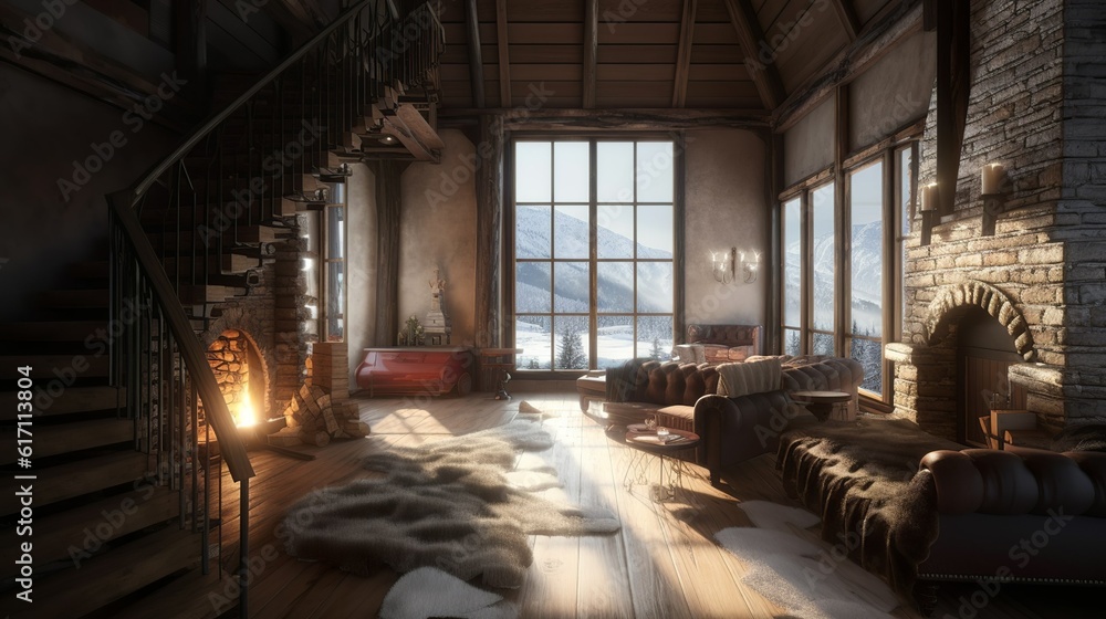 View of Victorian style mountain cabin interior with modern scandinavian touch ...