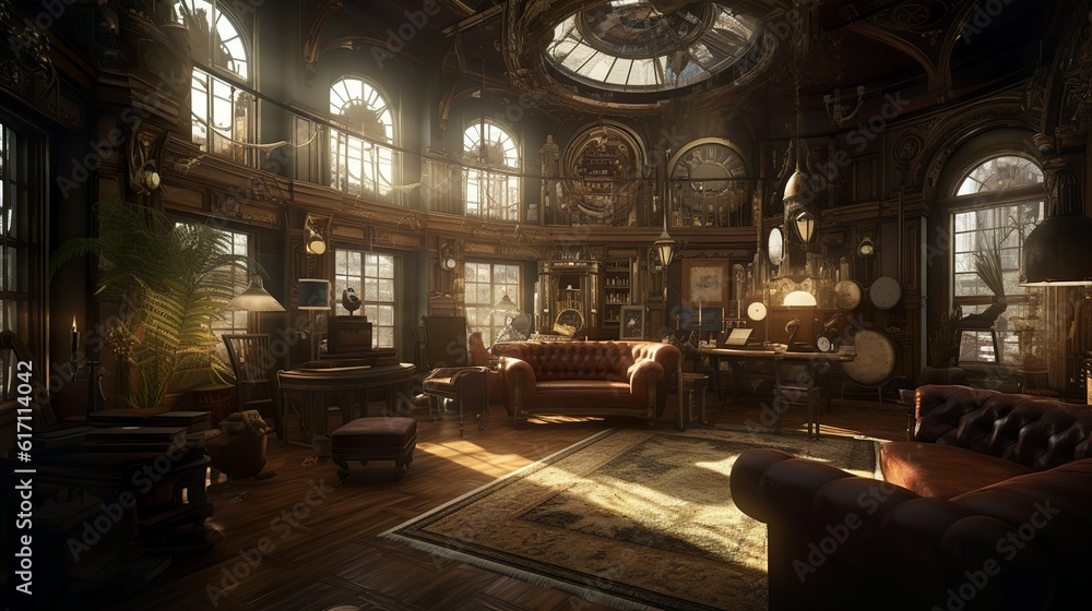 Victorian style steampunk palace interior with modern retrofuturistic ...