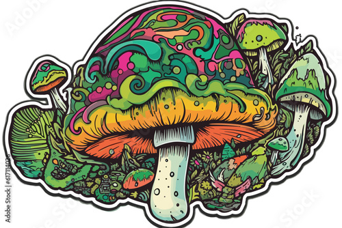 Shrooms Sticker Mushroom Psychedelic Art Trip fungus vector illustration painting white background.
