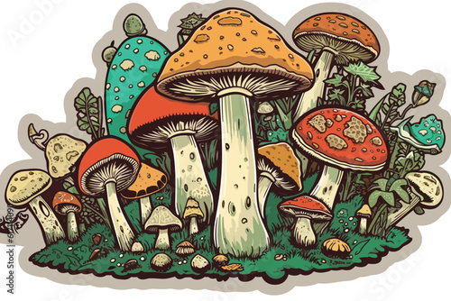 Shrooms Sticker Mushroom Psychedelic Art Trip fungus vector illustration painting white background.
