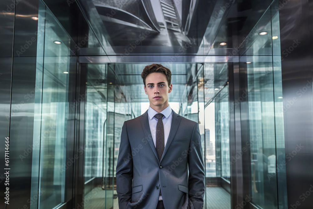 © ADDICTIVE STOCK - Generative AI illustration of young male executive in elegant suit looking at camera while standing with hands in pockets against glass building