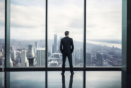 Generative AI illustration of back view of businessman in suit with hands in pockets looking away while standing near glass wall against cityscape photo