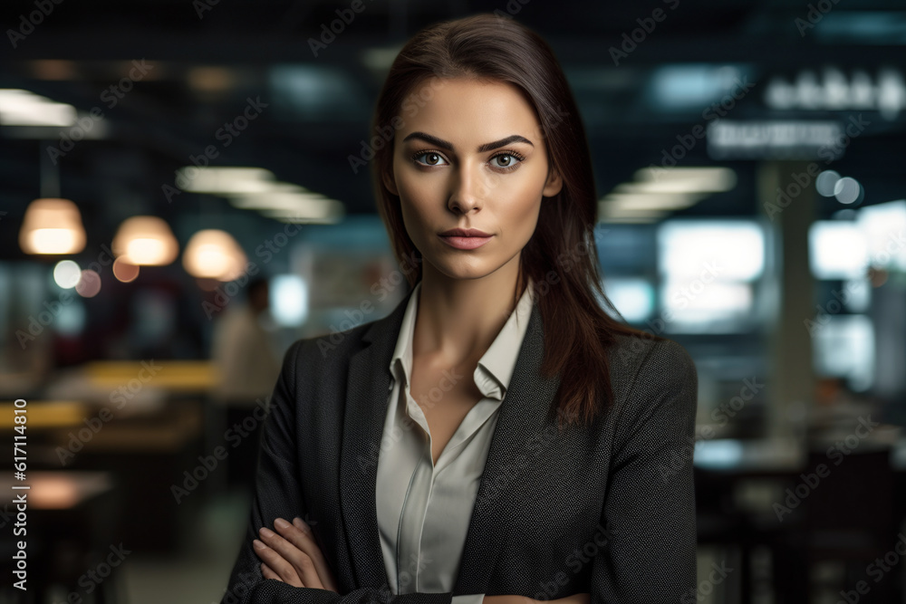 Generative AI image of portrait of young female in casual dress looking at camera while standing with crossed hands in blurred and illuminated office Generative AI image of portrait of young female in casual dress looking at camera while standing with crossed hands in blurred and illuminated office