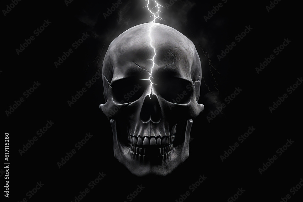 Illustration of skull with lighting bolt on black background, generative ai. Illustration of skull with lighting bolt on black background, generative ai.