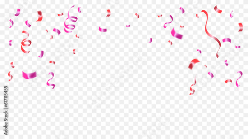 Many Falling Pink Tiny Confetti And Streamer Ribbons On Transparent Background. Valentine's Day Background . Vector Illustration