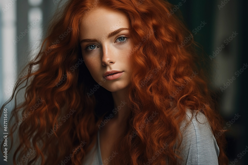Beautiful young woman with red ginger hair looking at camera Beautiful young woman with red ginger hair looking at camera