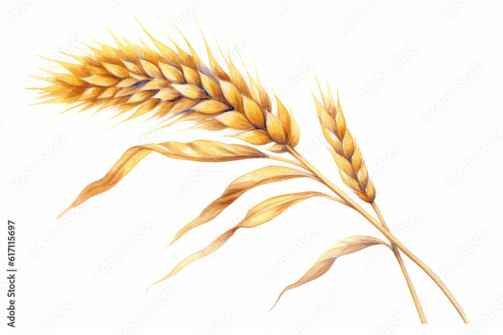 Watercolor Wheat ears on white background. Generative ai illustration of gold wheat ear - obrazy, fototapety, plakaty 
