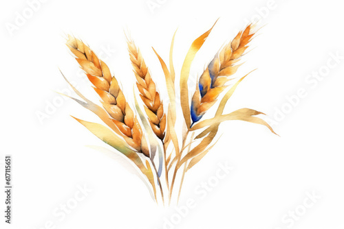 Watercolor Wheat ears on white background. Generative ai illustration of gold wheat ear