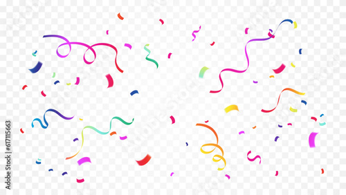 Many Falling Colorful Tiny Confetti And Ribbon On Transparent Background. Celebration Event and Party. Multicolored. Vector