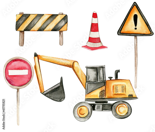 Road signs and yellow excavator. Watercolor hand drawn illustration. Perfect for kid posters or stickers.