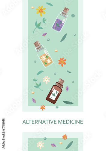 Composition of bottles with medicinal herbs, aromatic oils and herbal tinctures. herbal medicine. Alternative medicine vector background for advertising, flyers, social networks, copy space for text.