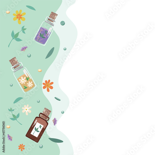 Composition of bottles with medicinal herbs, aromatic oils and herbal tinctures. herbal medicine. Alternative medicine vector background for advertising, flyers, social networks, copy space for text.