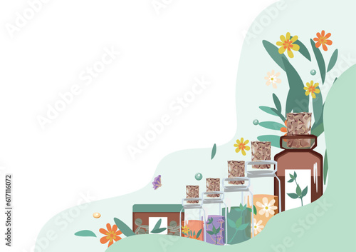 Composition of bottles with medicinal herbs, aromatic oils and herbal tinctures. herbal medicine. Alternative medicine vector background for advertising, flyers, social networks, copy space for text.
