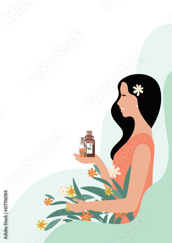 beautiful girl holds a vial of medicinal herbs, aromatic oils or herbal tinctures in her hands. Alternative medicine vector background for advertising, flyers, social networks and copy space for text.