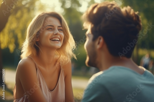 Young couple or friends laughing together on a sunny day in the park. Generative AI image. © Kevin Brine