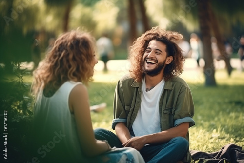 Young couple or friends laughing together on a sunny day in the park. Generative AI image.