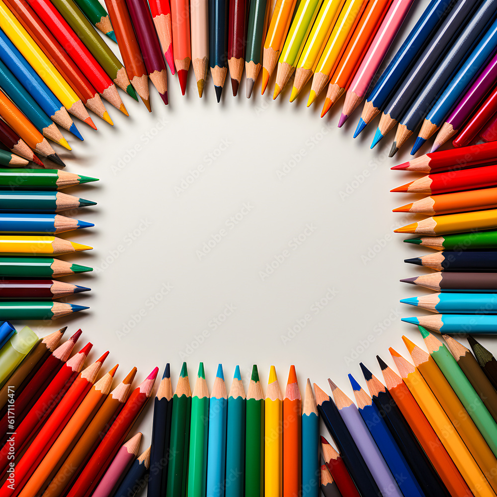 Back to school. Blank paper surrounded by colored pencils. Copy space.  Generative ai.