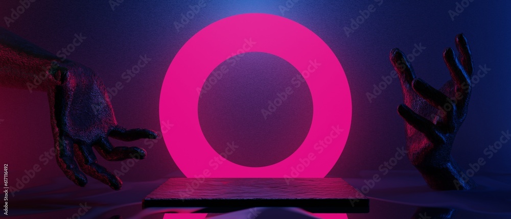 Obraz premium 3d illustration rendering of technology futuristic cyberpunk display, gaming scifi stage pedestal background, gamer banner sign of neon glow stand podium for product