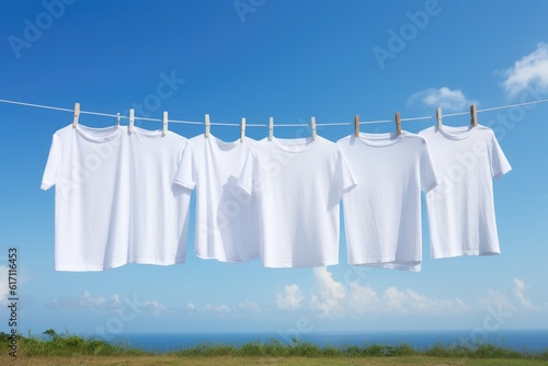 White tshirts mockup on hanger outdoors, AI Generative