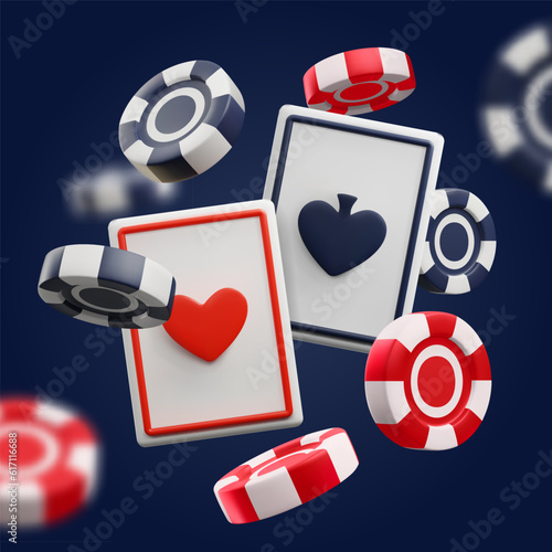 Casino and gambling elements floating, cartoon 3d vector illustration on dark background.