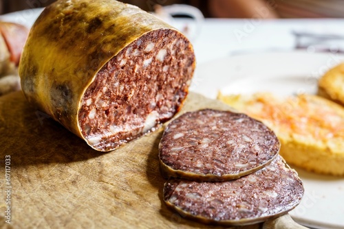 Paltruc or bull or donegal is the thickest dried pork sausage. It is a sausage made from the buffet or thick intestine of pork, made of pork meat and marinated. typical of Catalonia, Spain.