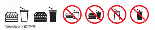 No fast food or drink allowed sign set. No soft drink, junk food icon set. pool area fastfood consumption ban poster signs.
