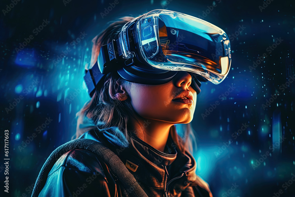 VR goggles technology concept with wearable glasses device. Virtual reality futuristic immersive experience. Generated AI. VR goggles technology concept with wearable glasses device. Virtual reality futuristic immersive experience. Generated AI.