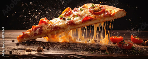 Hot pizza with melted cheese  fire and flying vegetables. generative ai