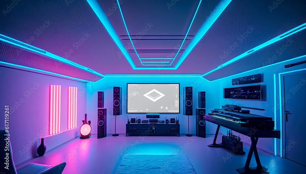 A modern and confortable basement room illuminated by led strips - Generative AI A modern and confortable basement room illuminated by led strips - Generative AI