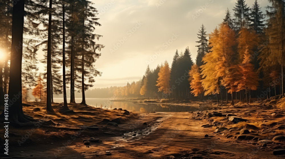 Atmospheric summer forest background with pines, place for text, copy space Atmospheric summer forest background with pines, place for text, copy space
