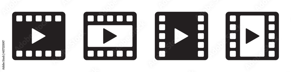 Set of movie icons. Play video, film strip. Video icon, social media. Vector. Set of movie icons. Play video, film strip. Video icon, social media. Vector.