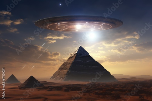 Alien Spaceship Hovering Over Egyptian Pyramids: Concept for Ancient Civilizations and Extraterrestrials, Sci-fi Invasion Stories, and Mysterious Daytime Sightings.Generative AI