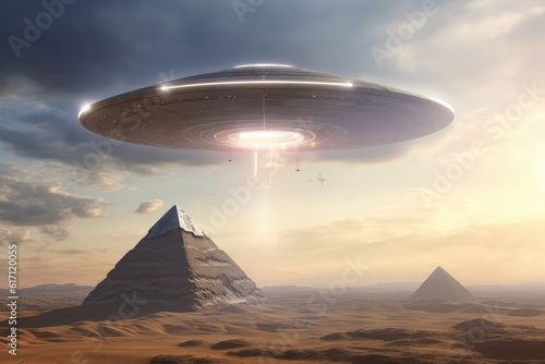UFO Encounter in Egypt: Concept for Mysterious Egyptian Pyramids, Daytime Alien Intrusions, and Futuristic Sci-fi Travel.Generative AI