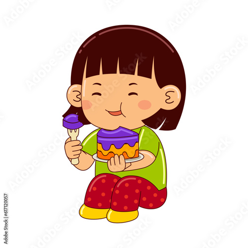 girl kids eating cake vector illustration