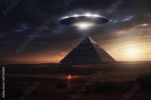 Extraterrestrial Ship Amidst Egypt's Pyramids: Concept for Mysterious Ancient Structures, Daylight UFO Sightings, and Celestial Civilizations.Generative AI