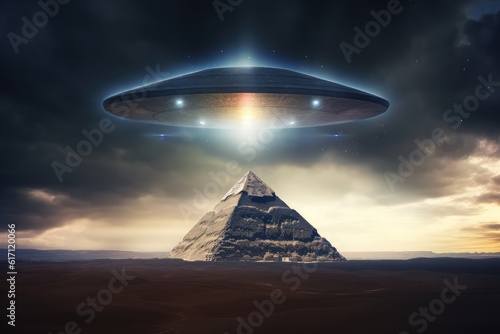 Alien Invasion in Ancient Egypt: Concept for Mysterious Desert Landscapes, Sci-Fi Traveler Tales, and Esoteric Pyramid Symbolism.Generative AI
