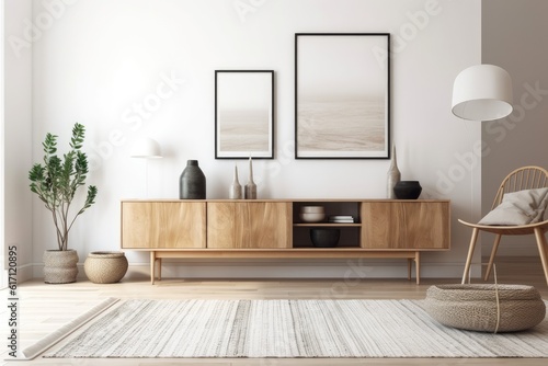 Interior with a contemporary sideboard for the living room, a white wall, a rug on the parquet floor, and minimalist accents. a mockup a modern, trendy design idea. Generative AI
