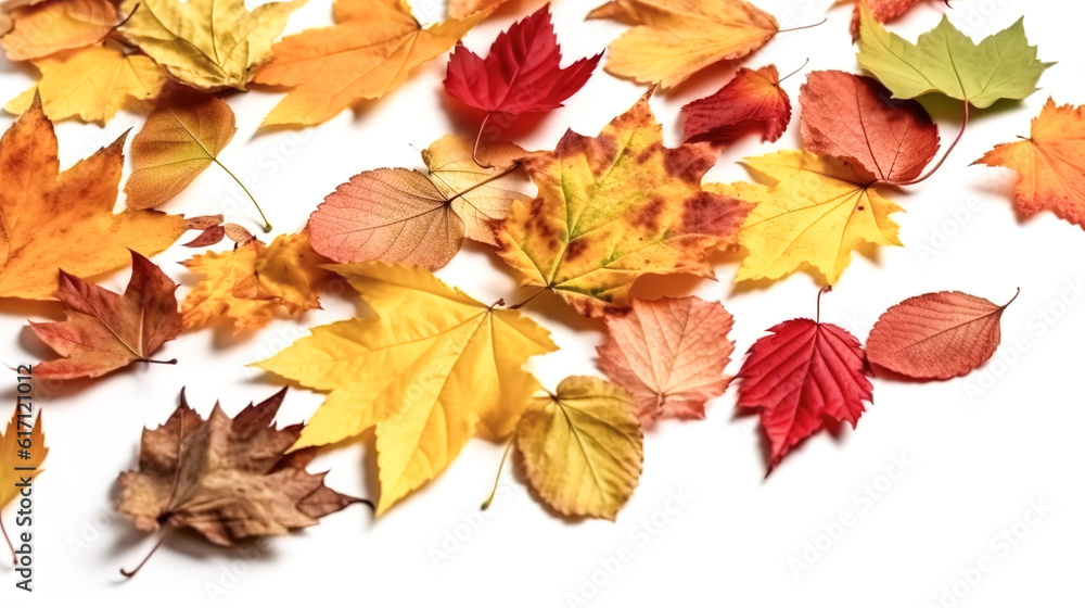 Fototapeta premium Fallen autumn leaves on a white background, generative AI.