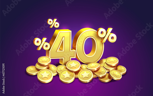 Cashback 40 Percentage golden coins, financial save off. Vector illustration